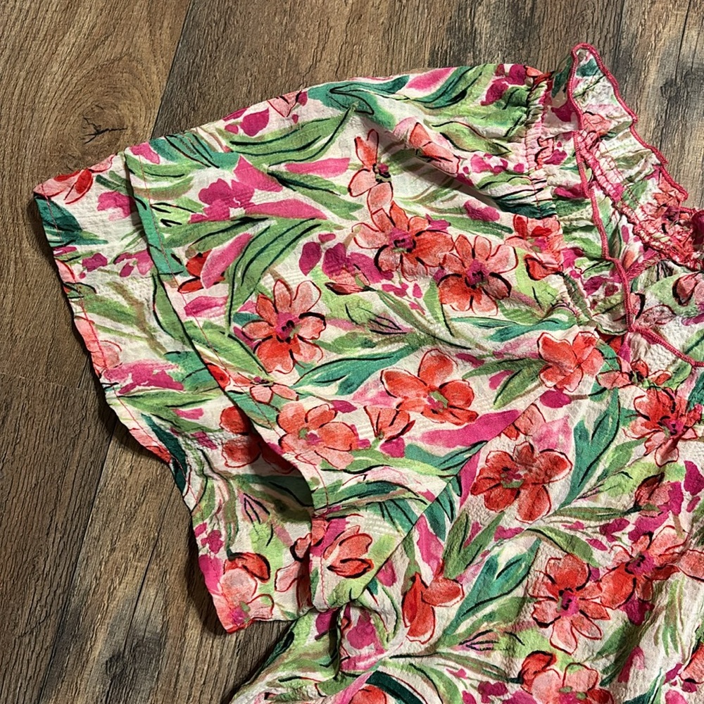 Chenault Pink and Green Floral Ruffle Sleeve Top - Picture 2 of 5